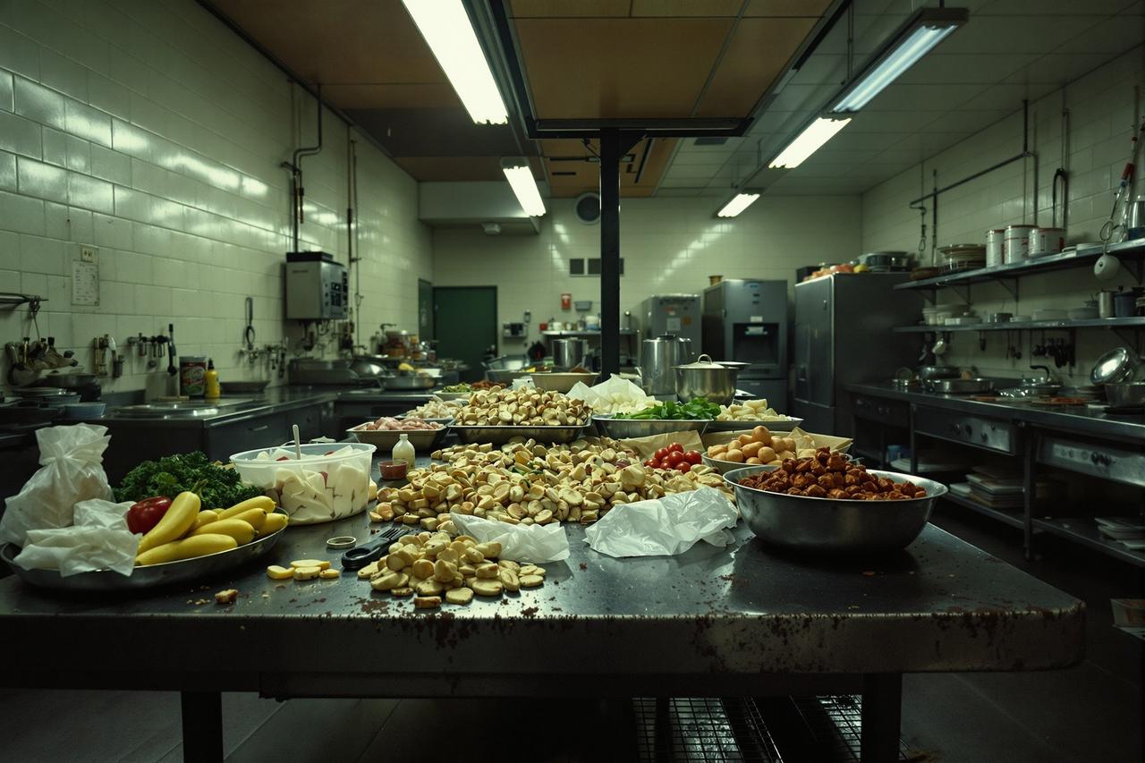 某市重点中学食堂被曝使用过期食材,家长集体抗议,教育局介入调查 学校食堂后厨发现过期食材的现场照片,不锈钢台面上堆满过期包装